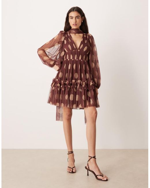 LACE & BEADS Brown Tulle Scarf Neck Mini Dress