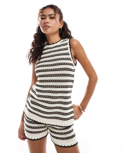 Vero Moda White Crochet Stripe Sleeveless Longline Top Co-ord