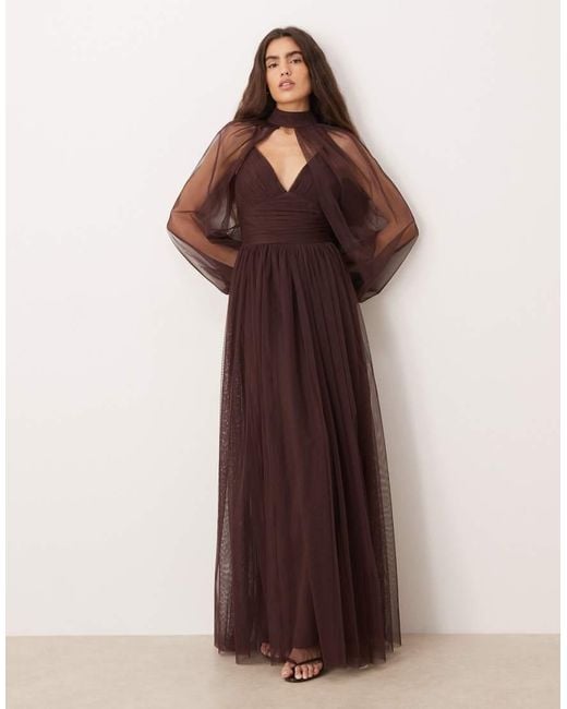 LACE & BEADS Brown Tulle Detachable Sheer Balloon Sleeve Maxi Dress
