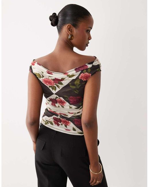 ASOS White Printed Mesh Gathered Short Sleeve Off Shoulder Top