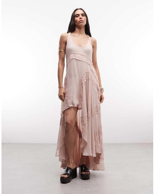AllSaints Pink Dorina Sleeveless Ruched Asymmetric Ruffle Midi Dress