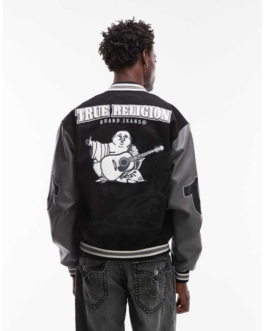 True Religion Black Patch Detail Varsity Bomber Jacket With Faux Leather Sleeves for men