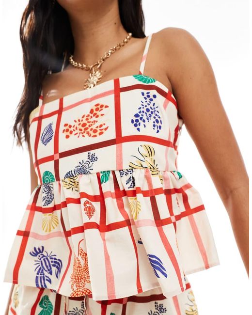 Miss Selfridge Babydoll Camitop Van Linnenmix Met Kreeftenprint, Deel Van Co-Ord Set in het Red