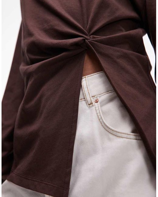 ASOS Brown Off Shoulder Knot Detail Long Sleeve Top