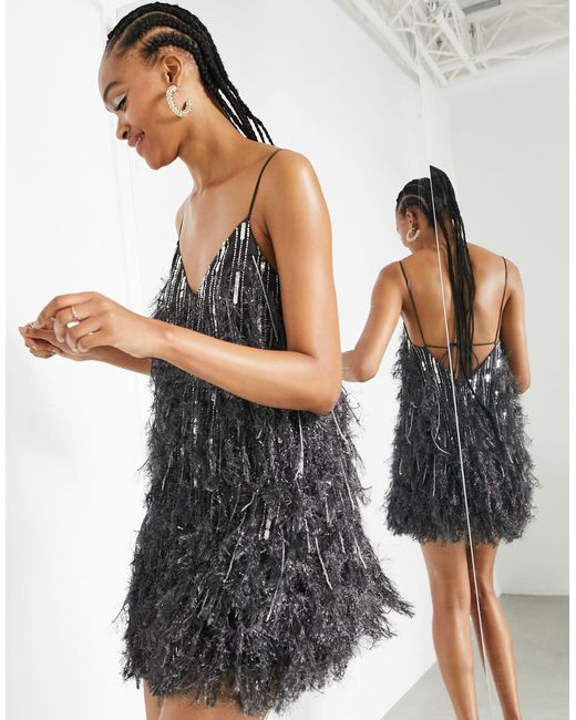 ASOS Gray Sequin And Faux Feather Mini Dress With Low Back