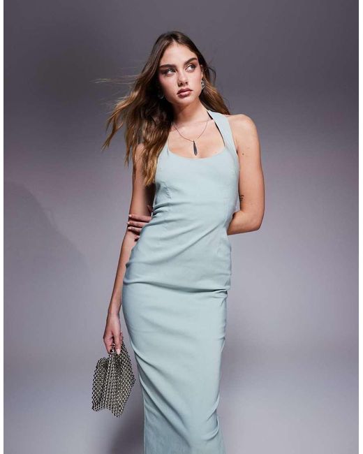 Vesper Blue Bengaline Scoop Neck Halterneck Bodycon Midaxi Dress