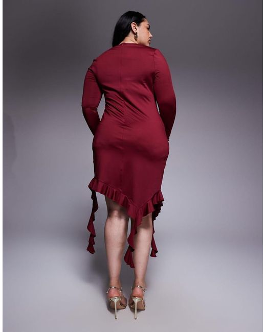 Renee Studio Red Double Sculpted Slinky Long Sleeve Asymmetric Frill Hem Drape Detail Mini Dress