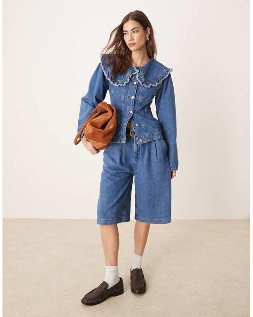 ASOS Blue Denim Jacket With Frill Collar And Seam Detail Co-ord