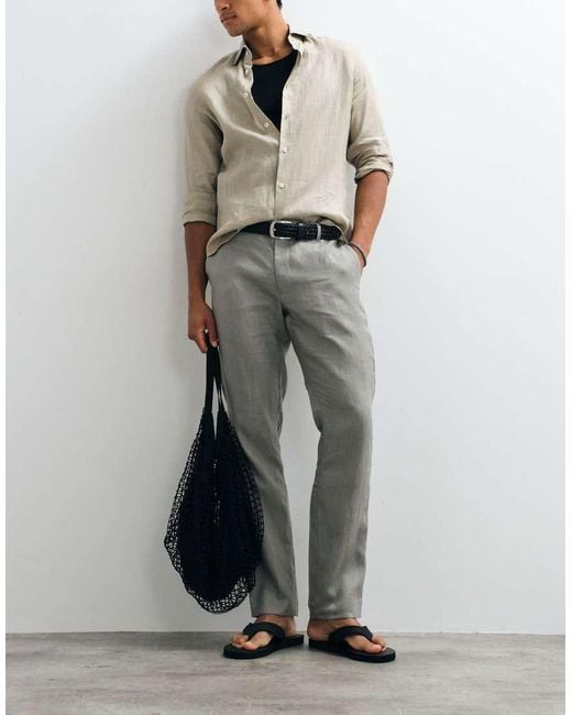 Mango Gray 100% Linen Tapered Trousers for men