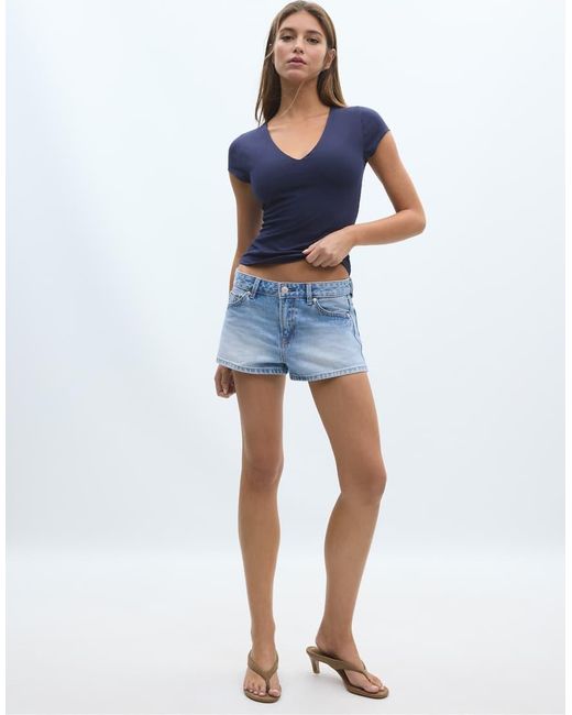 Stradivarius Blue V-neck Short Sleeve T-shirt