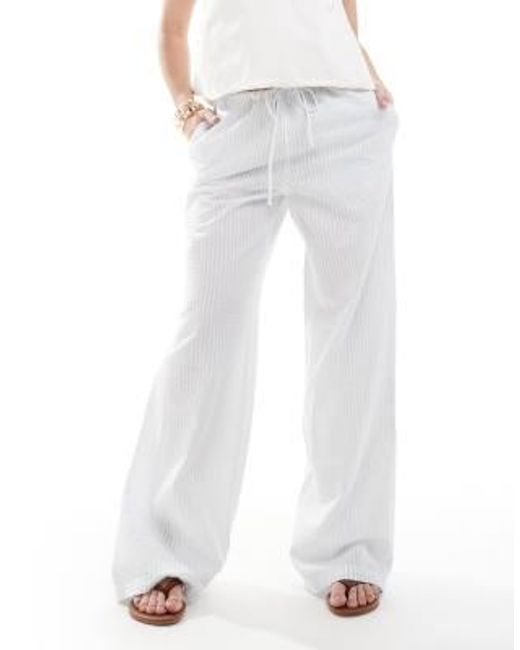 Monki White Wide Leg Drawstring Seersucker Pants