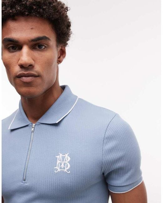 ASOS Blue Heavyweight Muscle Polo With High Build Embroidery for men