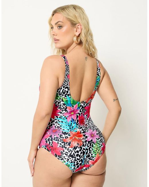 Yours Clothing Black Leopard Floral Lace Up Swimsuit