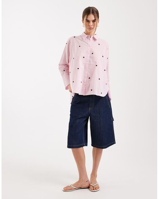 ONLY Pink Boxy Shirt With Heart Embroidery