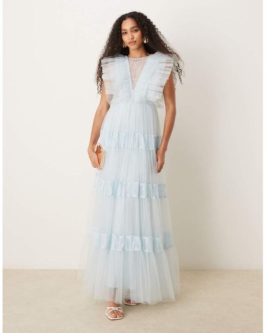 LACE & BEADS Blue Lace Insert Tulle Maxi Dress