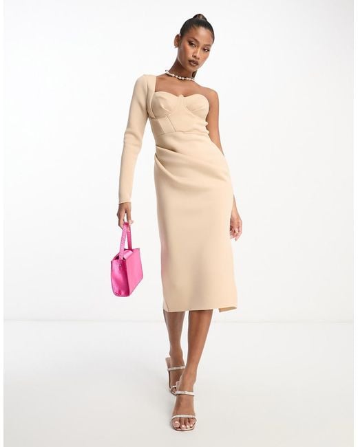 ASOS White One Shoulder Corset Midi Pencil Dress
