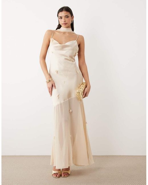 Gina Tricot White 3d Floral Cowl Neck Sheer Maxi Dress