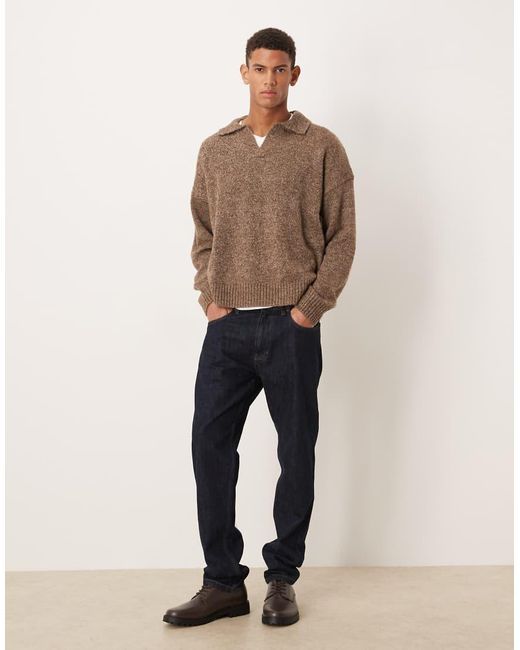 ASOS Brown Super Oversized Boxy Fit Knitted Notch Neck Polo for men