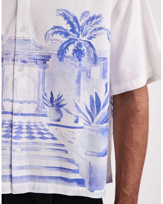 ASOS White Boxy Oversized Shirt With Linen And Placement Print for men
