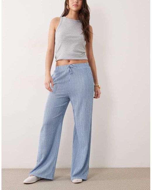 New Look Blue Crinkle Stripe Wide Leg Trousers