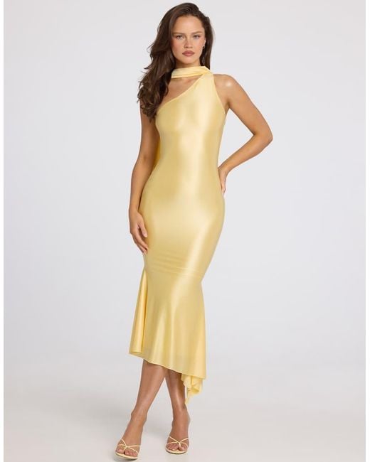Oh Polly Natural Satin Asymmetric Scarf Detail Midi Dress