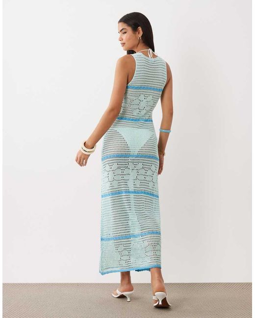 Kiwi & Co Blue Open Floral Crochet High Neck Sleeveless Maxi Beach Dress