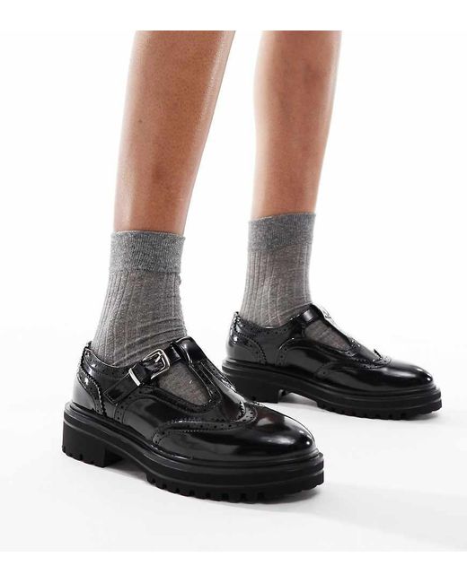 SEQWL Wide Fit Black Jeep Mary Jane Shoes With Broguing Detail