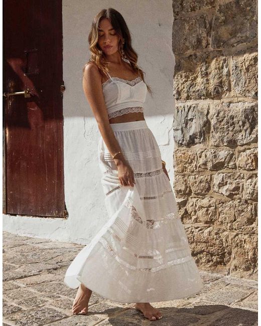 4th & Reckless Brown X Luana Barron Contains Linen Tiered Lace Insert Maxi Beach Skirt Co-ord
