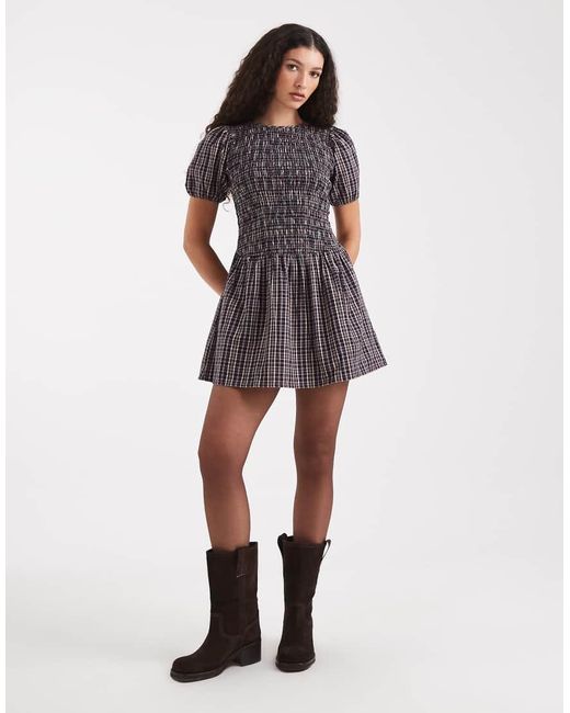 New Look Brown Check Shirred Mini Dress