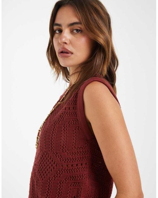 Aware Red Boatneck Patterned Crochet Vest Co-ord