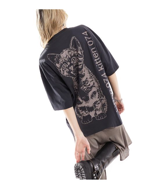 Unisex - t-shirt antracite vestibilità skater con stampa di gatto di Collusion in Black