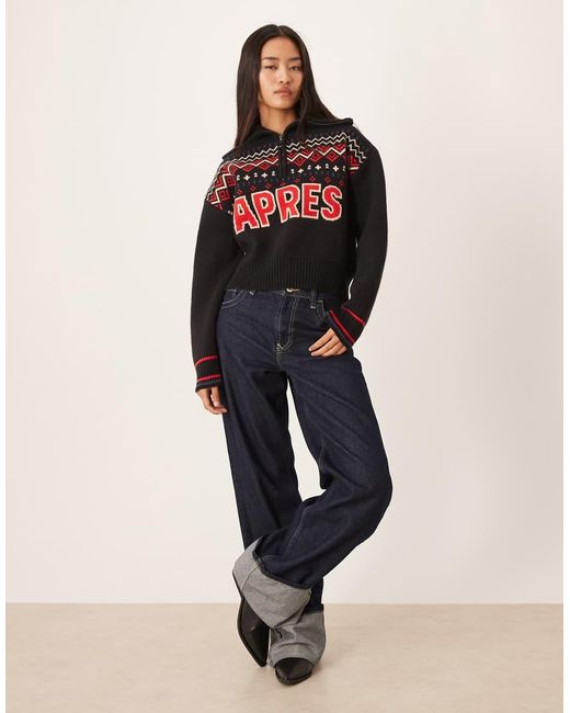 ASOS Red Ski Slogan Half-zip Fair Isle Jumper