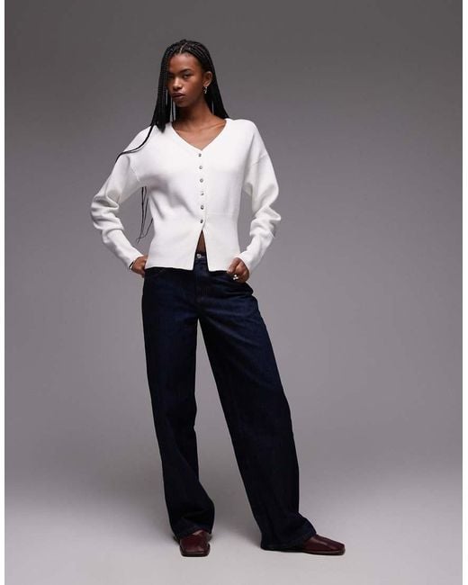 Cárdigan De Corte Alargado Con Cuello De Pico Y Cintura Entallada De Punto Compacto De -Blanco TOPSHOP de color Gray