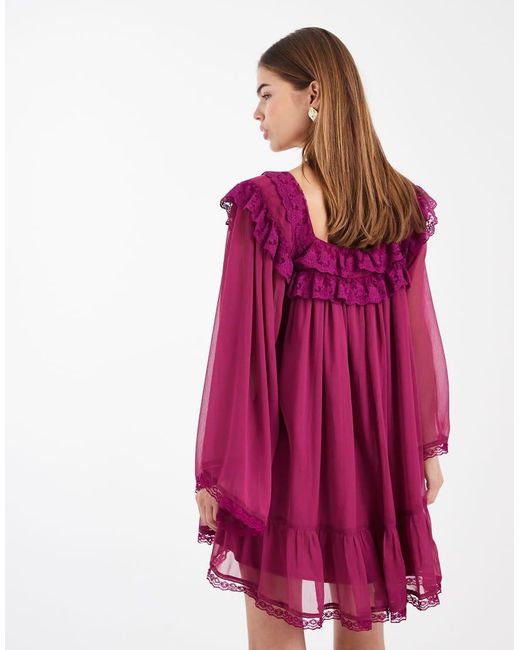 Miss Selfridge Pink Fla Sleeve Mini Chiffon & Lace Dress