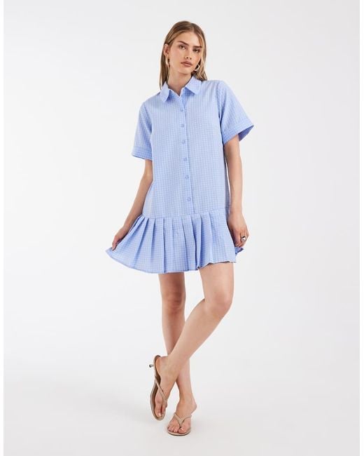 Pieces Blue Drop Waist Pleated Mini Shirt Dress
