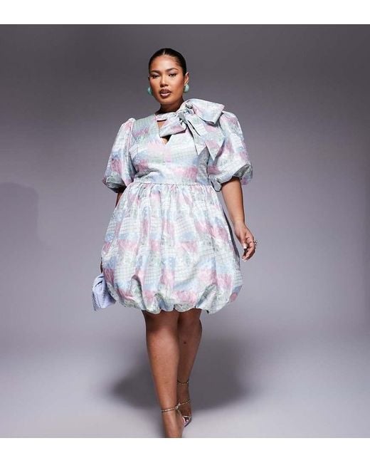 ASOS Purple Curve Jacquard Puff Sleeve Mini Dress With Bow