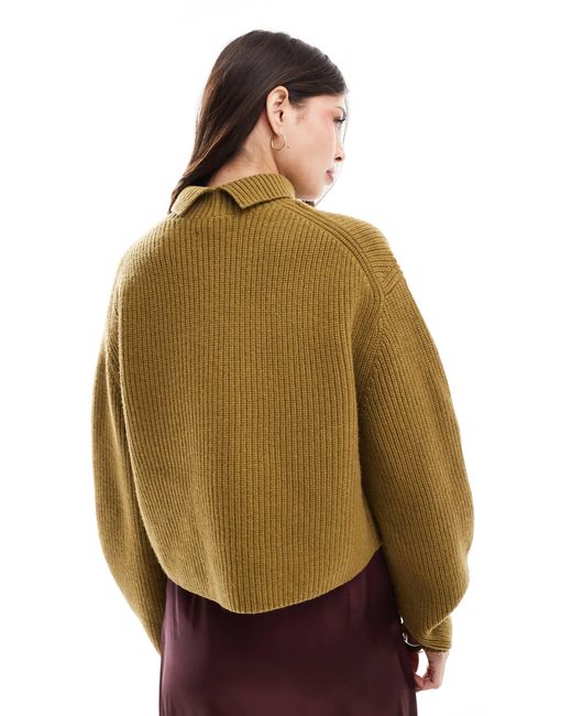 & Other Stories Green Wool Knitted Rib Funnel Neck Sweater With Split Back Neck And Volume Sleeves