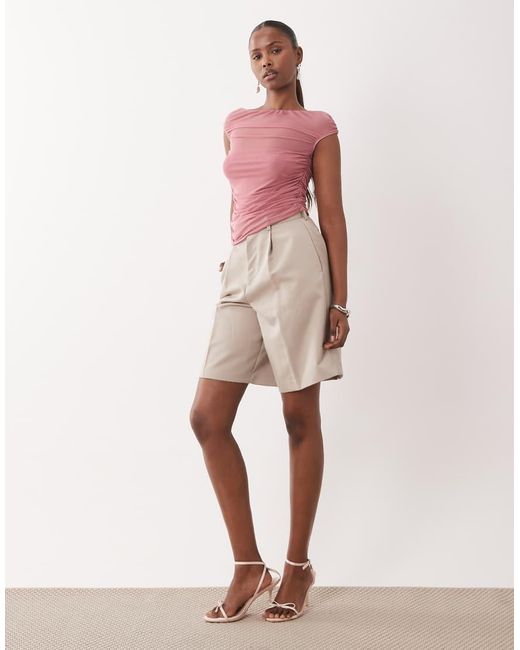 ASOS Pink Mesh Gathered Short Sleeve Off Shoulder Top