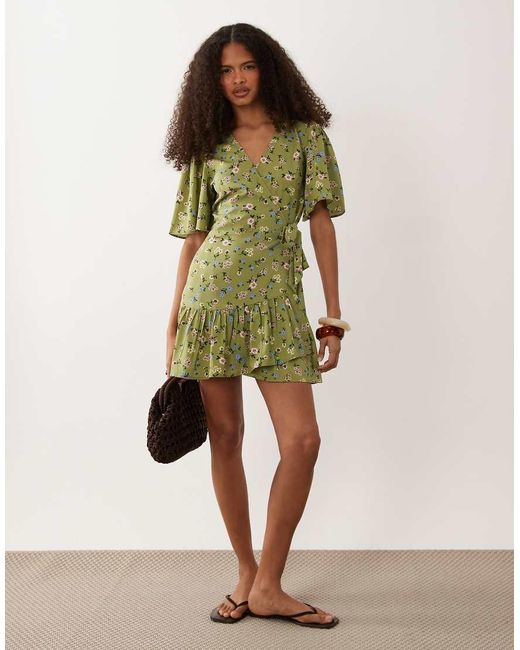 Wednesday's Girl Green Floral Wrap Detail Flutter Sleeve Mini Dress