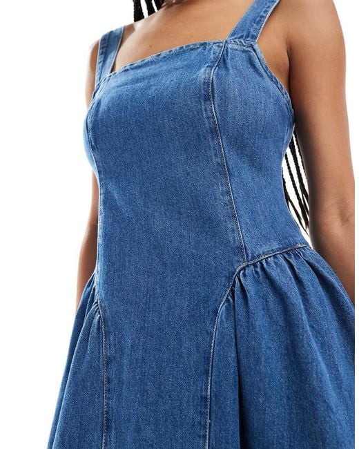 ASOS Blue Denim Midi Dress With Side Bustle Panels