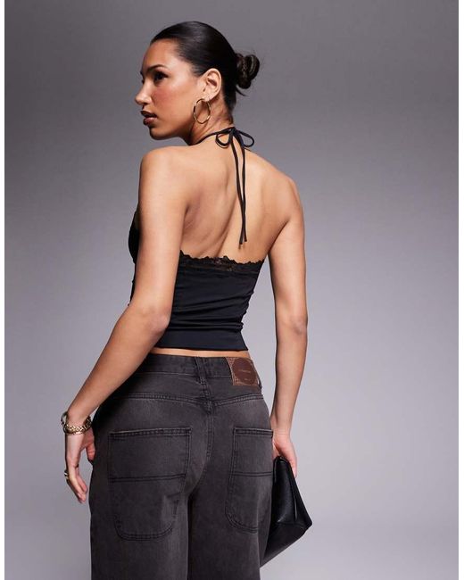 ASOS Gray Slinky Lace Trim Halter Top