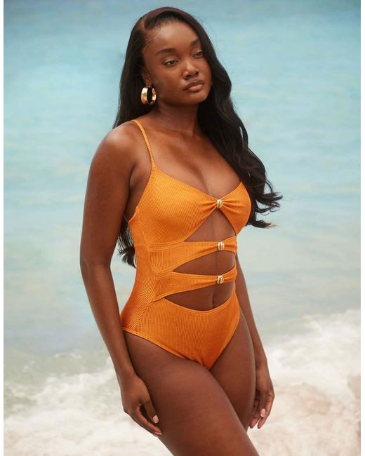 South Beach Orange Crinkle Cut Out Swimsuit With Gold Hardware Detail