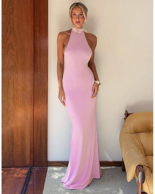 Tiger Mist Pink X Em Venz Maddy High Racer Halterneck Open Back Drape Detail Maxi Dress
