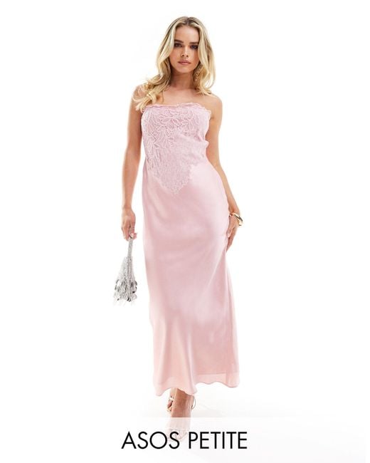 ASOS Pink Asos Design Petite Satin Bias Bandeau Midi Dress With Embroidered Bodice