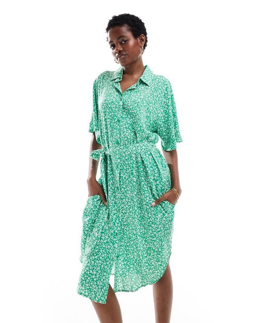 Monki Green Tie Waist Midi Shirt Dress