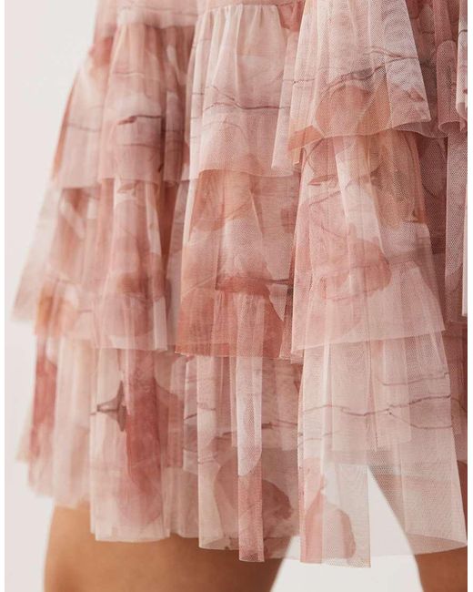 Lace & Beads Plus Pink Tulle Plunge Neck Flutter Sleeve Tiered Mini Dress