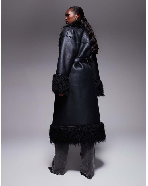 Aria Cove Blue shaggy Faux Fur Trim Leather Look Maxi Coat