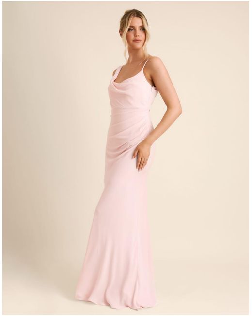 Six Stories Pink Bridesmaid Crepe Asymmetric Cowl Neck Maxi Dress