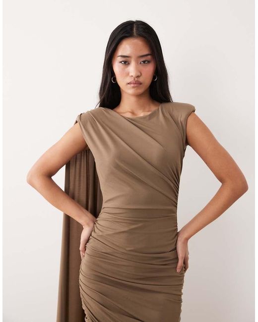 TFNC London Natural Slinky Sleeveless Shoulder Pad Ruched Cape Detail Maxi Dress