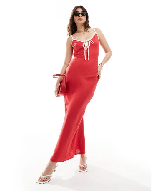 ASOS Red Linen Slip Dress With Contrast Binding
